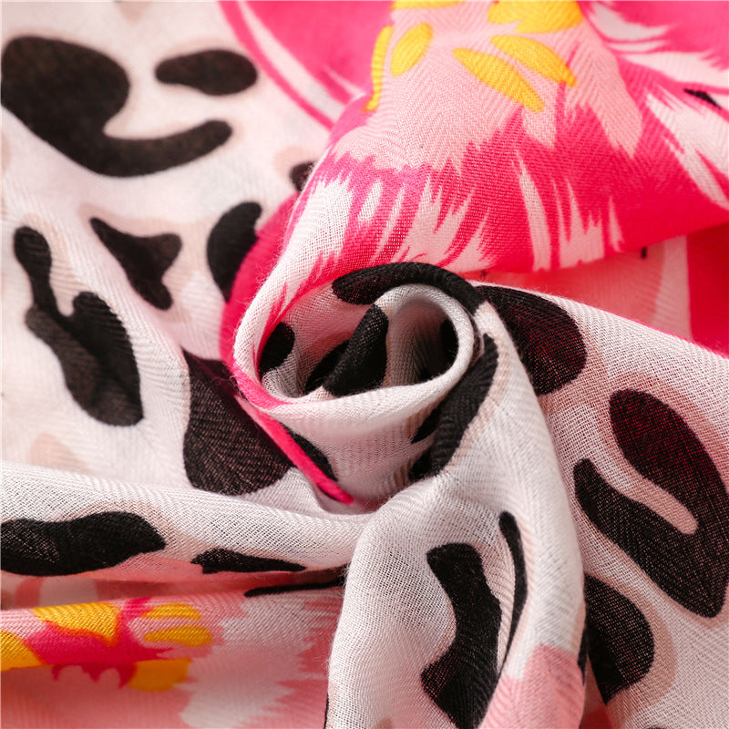 Black leopard & pink flowers prints scarf with tassels