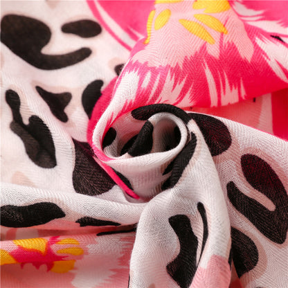 Black leopard & pink flowers prints scarf with tassels