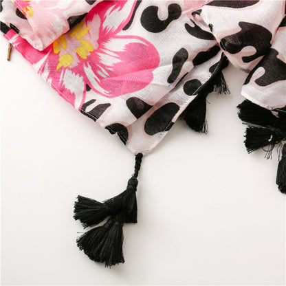 Black leopard & pink flowers prints scarf with tassels