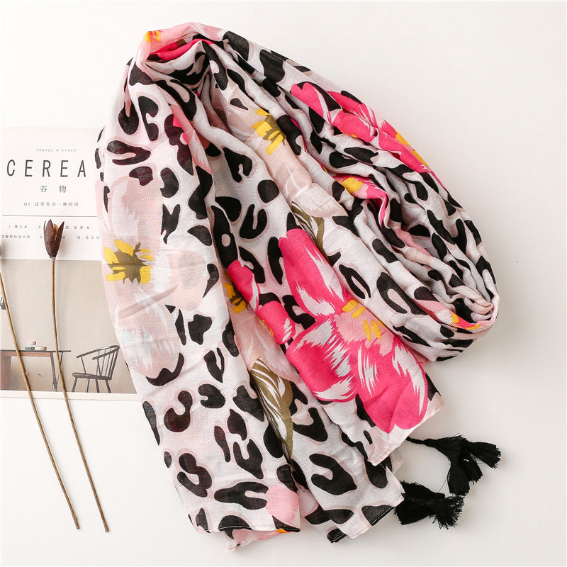 Black leopard & pink flowers prints scarf with tassels