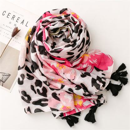 Black leopard & pink flowers prints scarf with tassels