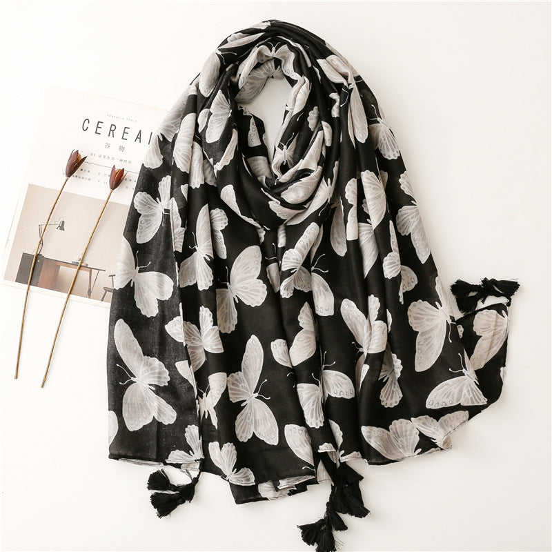 Black butterflies prints scarf with tassels