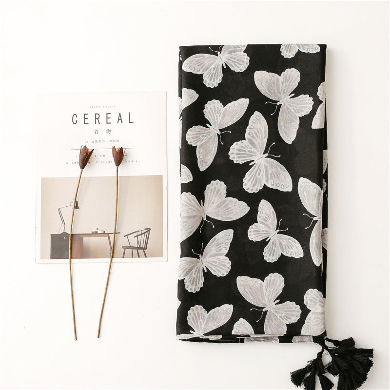 Black butterflies prints scarf with tassels