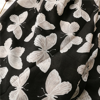 Black butterflies prints scarf with tassels