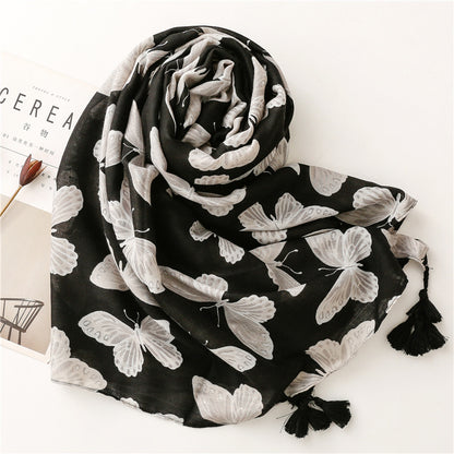 Black butterflies prints scarf with tassels