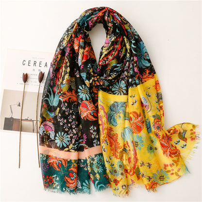 Black yellow floral prints fringed scarf
