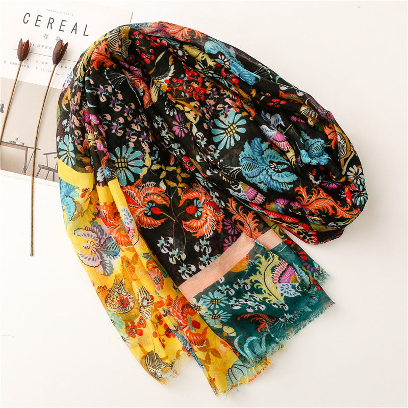 Black yellow floral prints fringed scarf