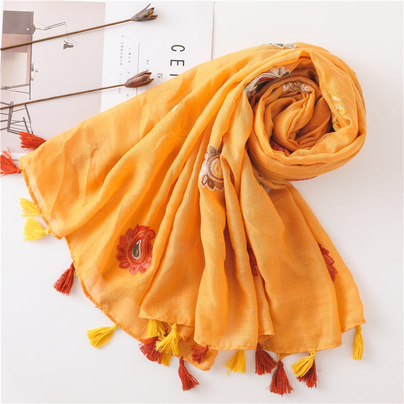 Embroidered paisley floral yellow orange scarf with tassels