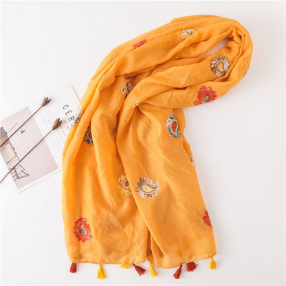 Embroidered paisley floral yellow orange scarf with tassels
