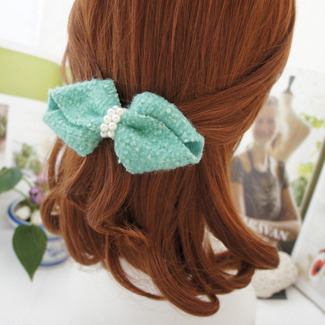 Mint wool bow hair barrette