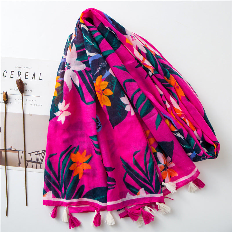 Fuchsia multicolour floral prints scarf with tassels