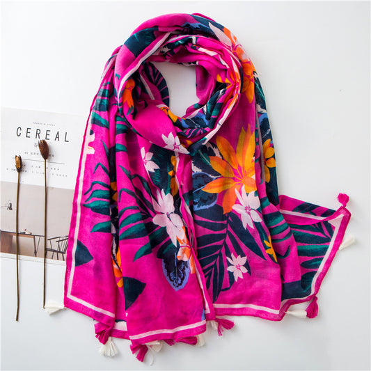 Fuchsia multicolour floral prints scarf with tassels