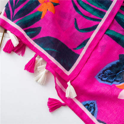 Fuchsia multicolour floral prints scarf with tassels
