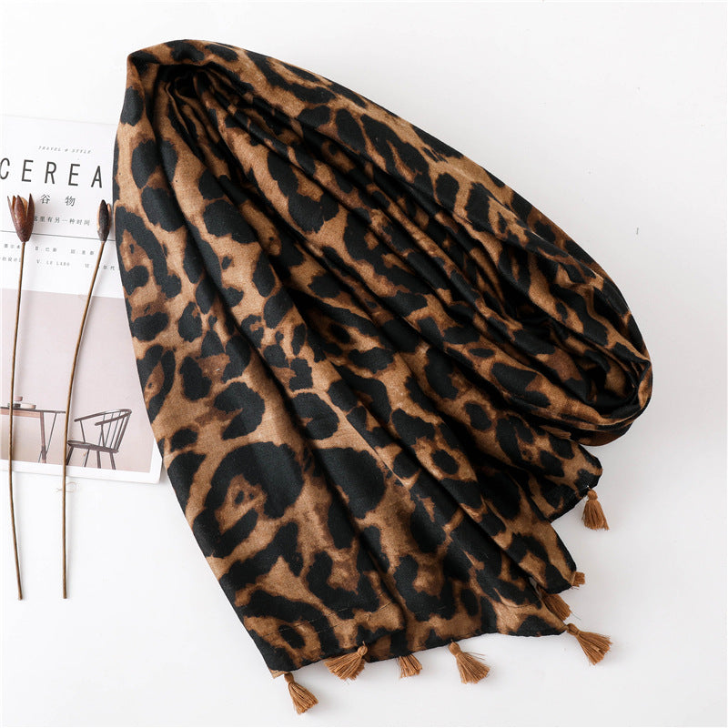Large leopard print scarf with tassels