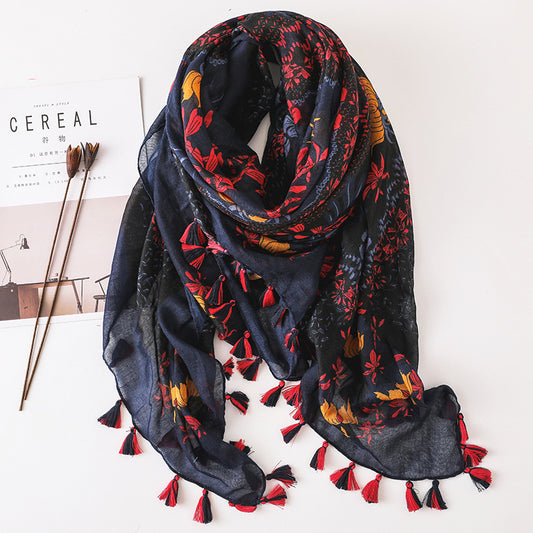 Black blue red flowers prints square scarf with tassels