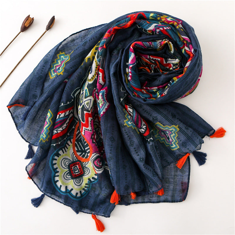 Grey blue multicolour prints scarf with tassels