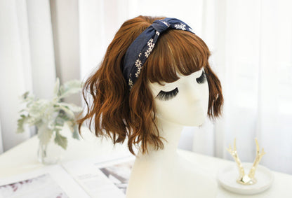 Denim blue embroidered flowers knotted headband