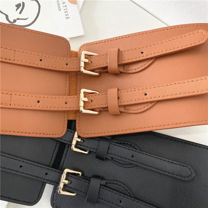 Synthetic leather wide stretch belt with double buckles