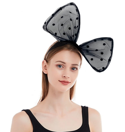 Polka dotted black lace large bow headband