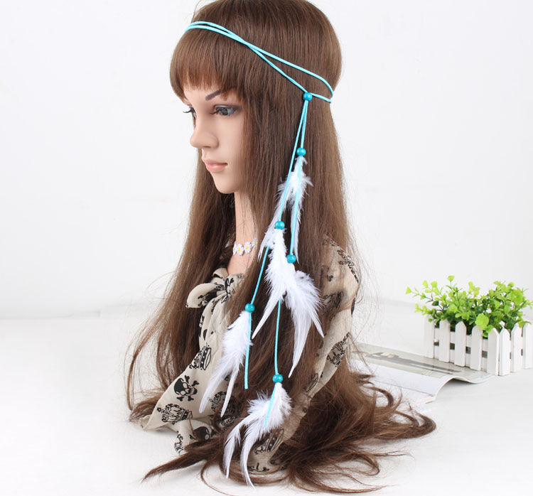Turquoise beads white feather hair tie