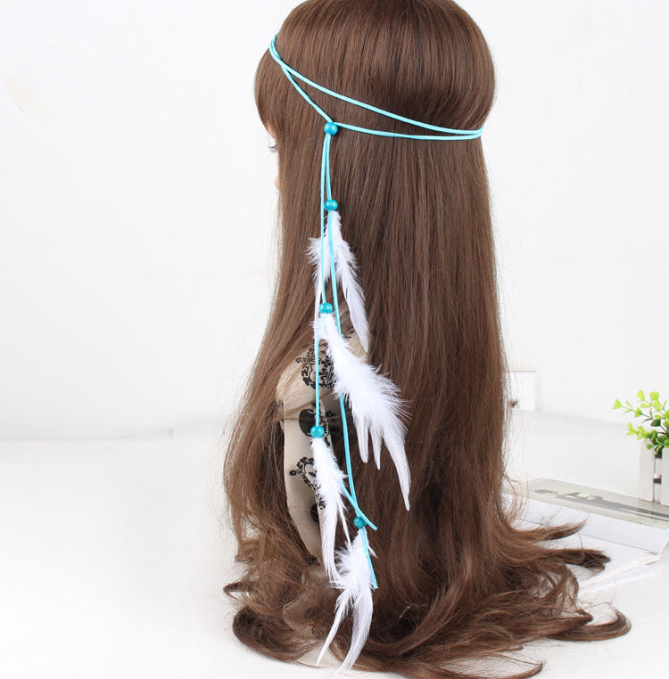 Turquoise beads white feather hair tie